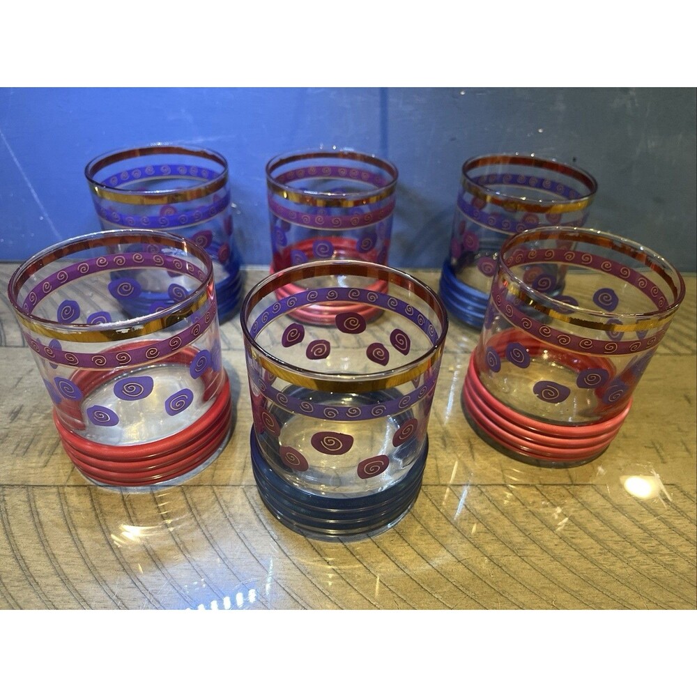 Sakura Sango Sue Zipkin MCM Golf Rim MCM Drinking Glass Blue Red Gold Rimmed VTG
